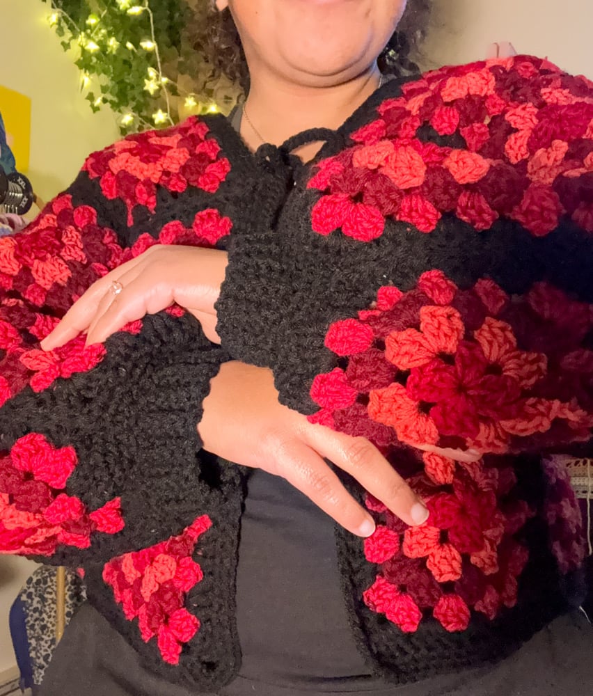 Image of Red Granny Square Tie-Front Sweater