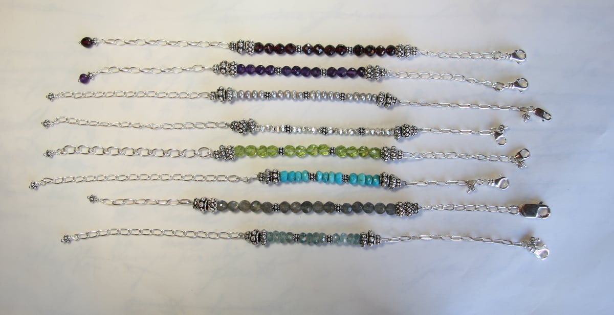 Semi-Precious Stone, Freshwater Pearl, and Sterling Bead with Sterling Silver Chain Bracelet