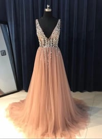 Image 1 of Lovely Pink Tulle Beaded Long Party Gown, Pink Prom Dresses