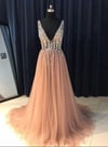Lovely Pink Tulle Beaded Long Party Gown, Pink Prom Dresses