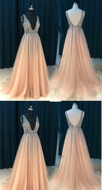 Image 2 of Lovely Pink Tulle Beaded Long Party Gown, Pink Prom Dresses