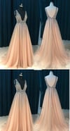 Lovely Pink Tulle Beaded Long Party Gown, Pink Prom Dresses