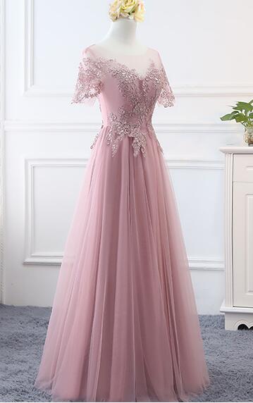 Pink Tulle Long Simple A-line Bridesmaid Dress, Lovely Party Dress