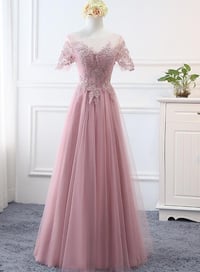 Image 1 of Pink Tulle Long Simple A-line Bridesmaid Dress, Lovely Party Dress