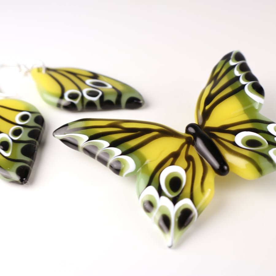 Spring Yellow and Green Butterfly Wing Earrings 