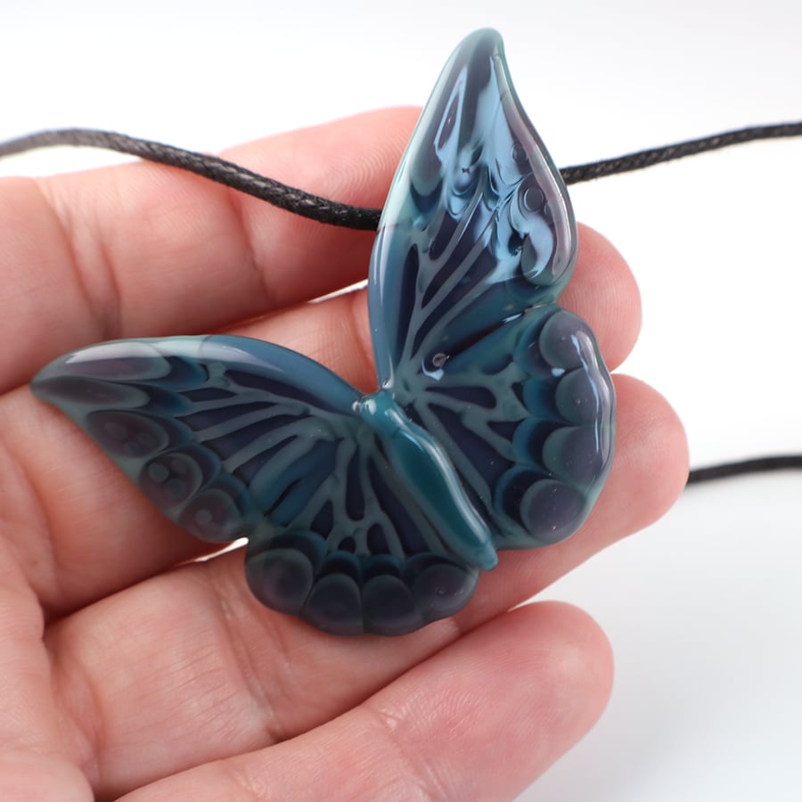 Soft Aqua & Purple Borosilicate Glass Butterfly Pendant 