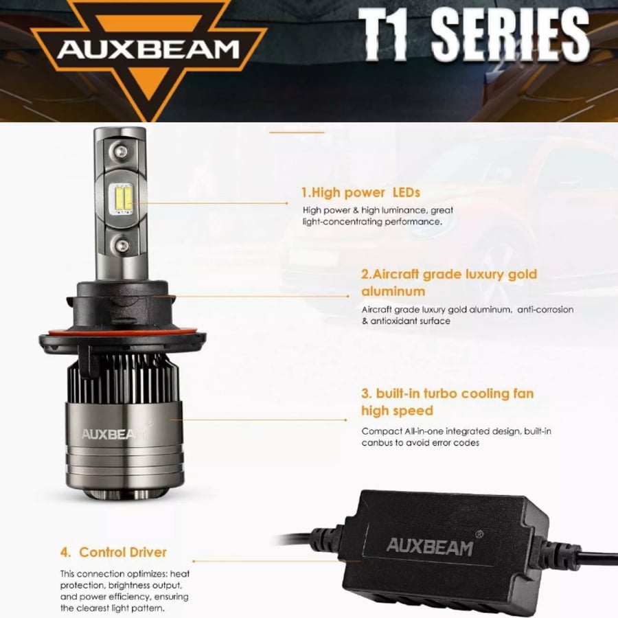 Image of Auxbeam T1 LED Headlight Bulbs 8000 lumens 70 watts - choose size