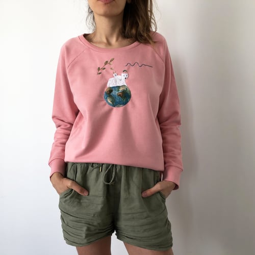Image of Angels on Earth, original hand embroidery on organic cotton sweatshirt, size Medium, one of a kind