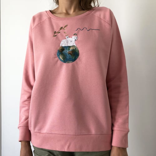 Image of Angels on Earth, original hand embroidery on organic cotton sweatshirt, size Medium, one of a kind