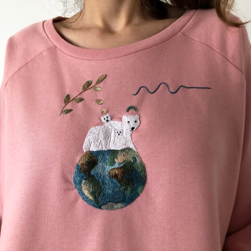 Image of Angels on Earth, original hand embroidery on organic cotton sweatshirt, size Medium, one of a kind