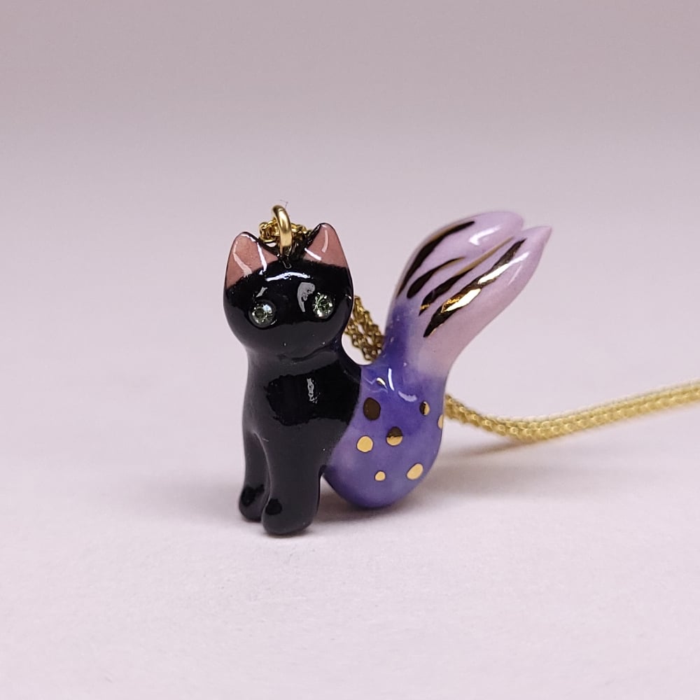 Image of Black Purrmaid Porcelain & Gold Vermeil Pendant