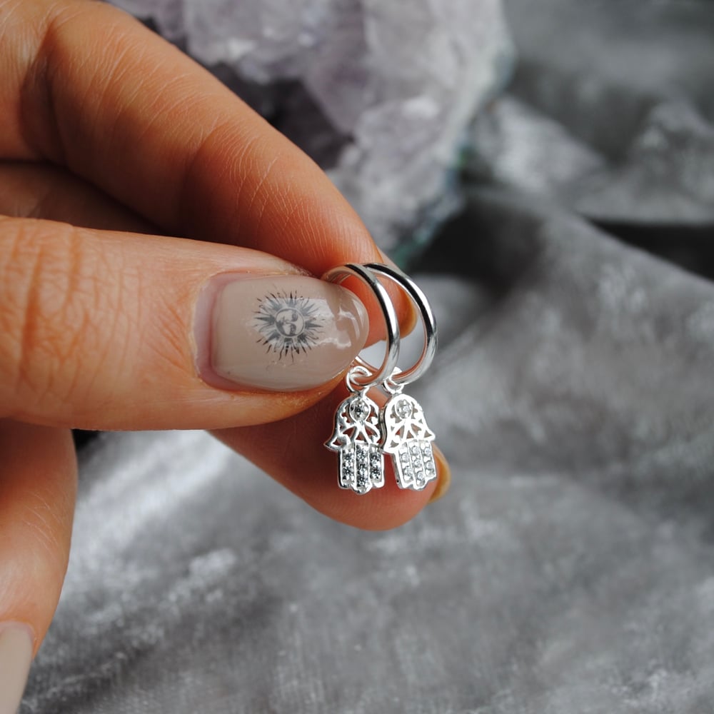 Hamsa hand sleeper hoop earrings (sterling silver) | ☽ ShopMoonChild