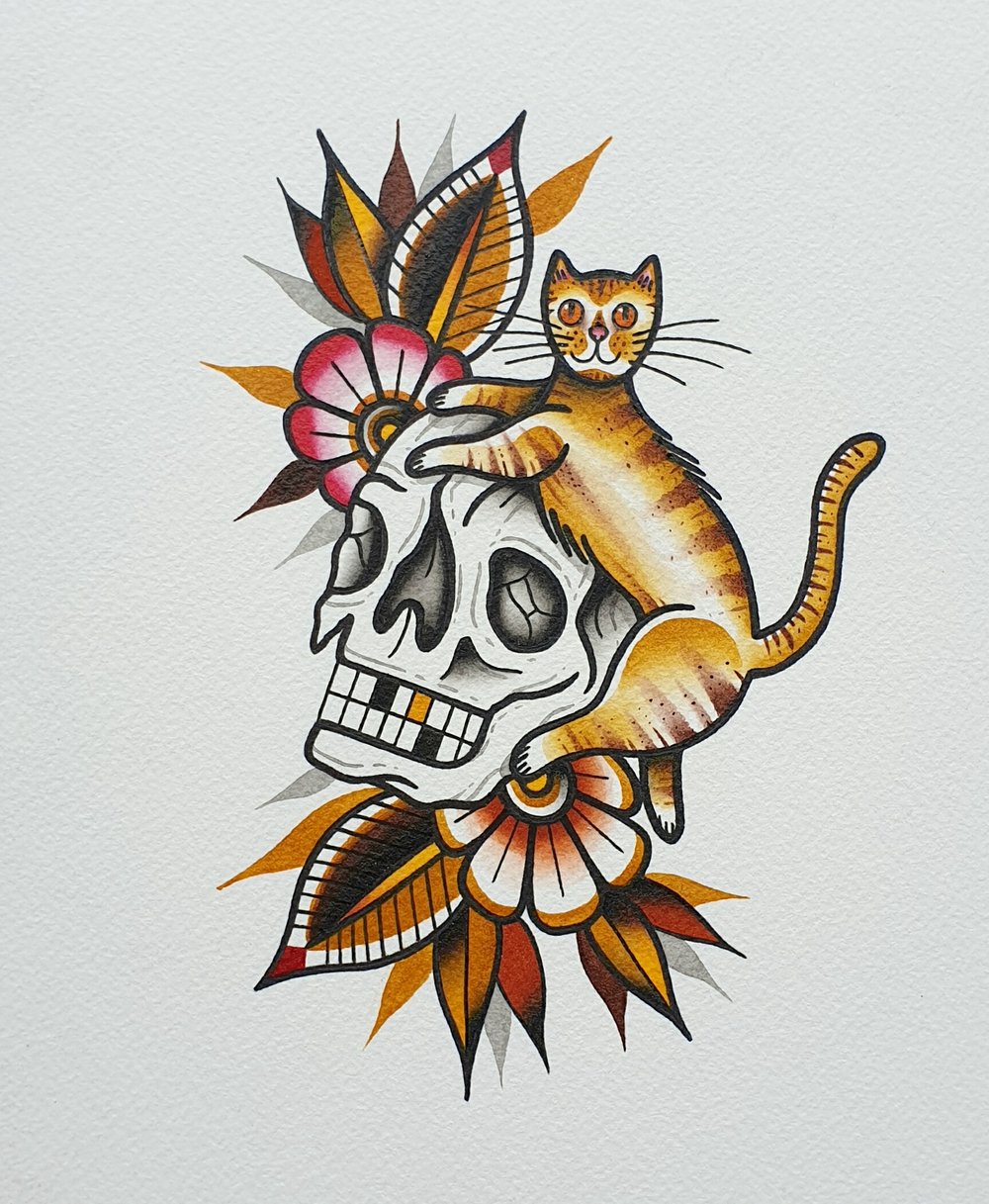 Image of Cat and Skull Original