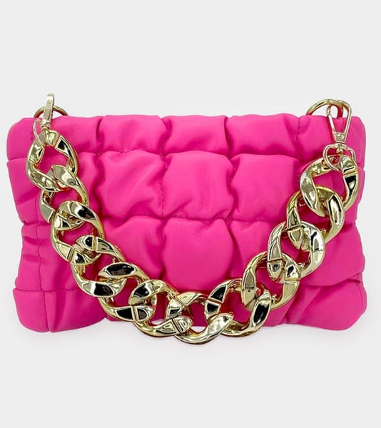 Image of Faux Leather Padded Puffer Shoulder/Crossbody(neonpink) Bag With Chain Strap