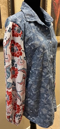 Image 2 of Vintage Funky Blue Denim Floral Print Shirt Floral Print Sleeves Sugar Skull Girl