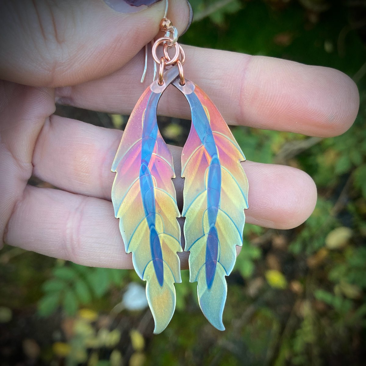Flame Painted Copper Feather Earrings