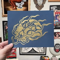 Image 1 of Hot Head Skull Linocut Print Navy and Gold