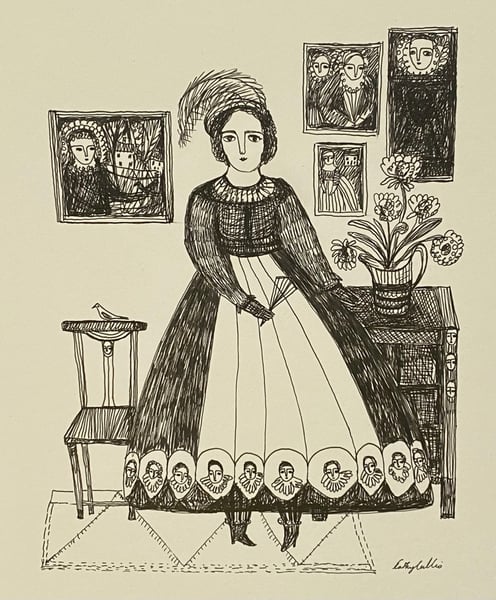 Image of Portrait of a woman in her best dress - original drawing 