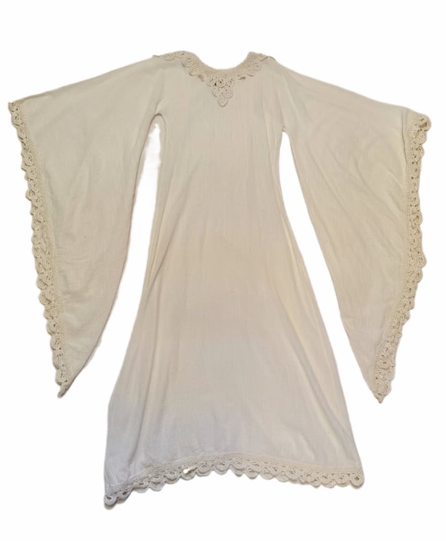 late 60s white gauze maxi dress with massive angel sleeves and crochet 