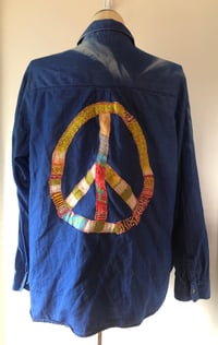 Image 1 of Upcycled “Peace” sign dark denim shirt