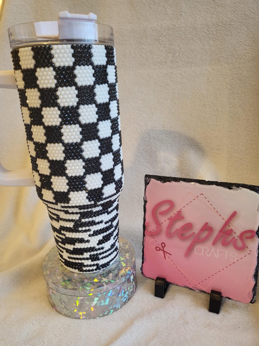 Image of Black and white rhinestone tumbler
