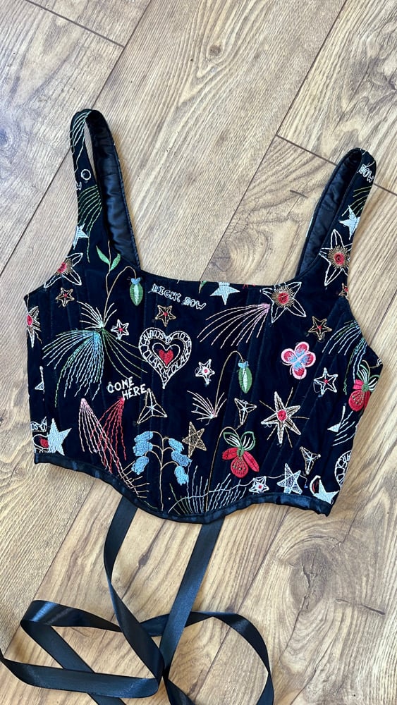 Stars, flowers, constellations, and hearts embroidered tulle Velvet handmade corset