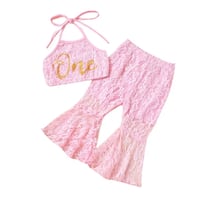 Image 1 of Girl's 2pc "ONE" Set Lace Halter Top + Flare Pants 