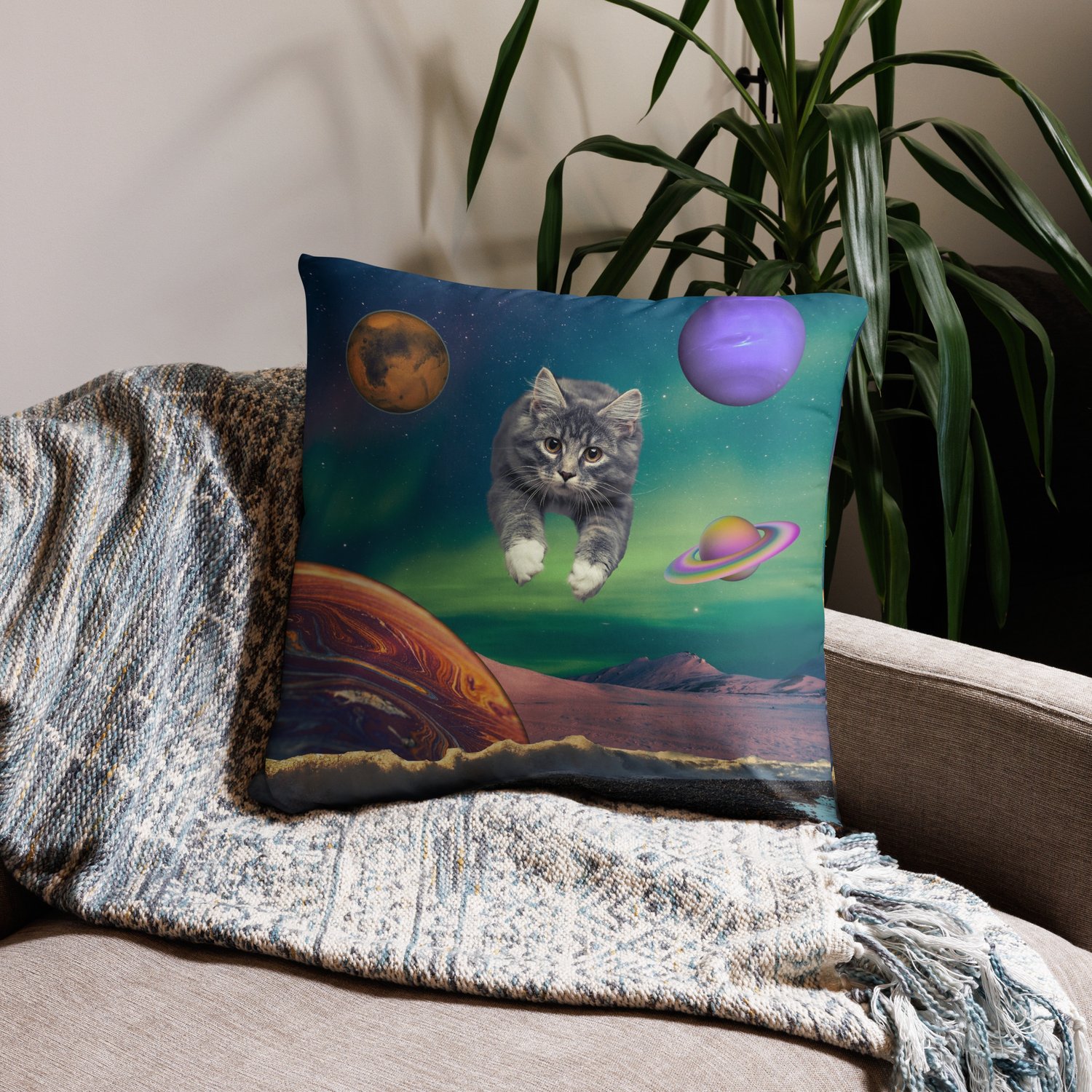 Image of Cat Flying Through Space - Pillow Case