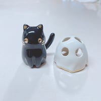 Image 1 of Black Cat With Ghost Mask Ceramic Figurine (PRICE REDUCE DUE TO SMALL IMPERFECTION ON THE TAIL)