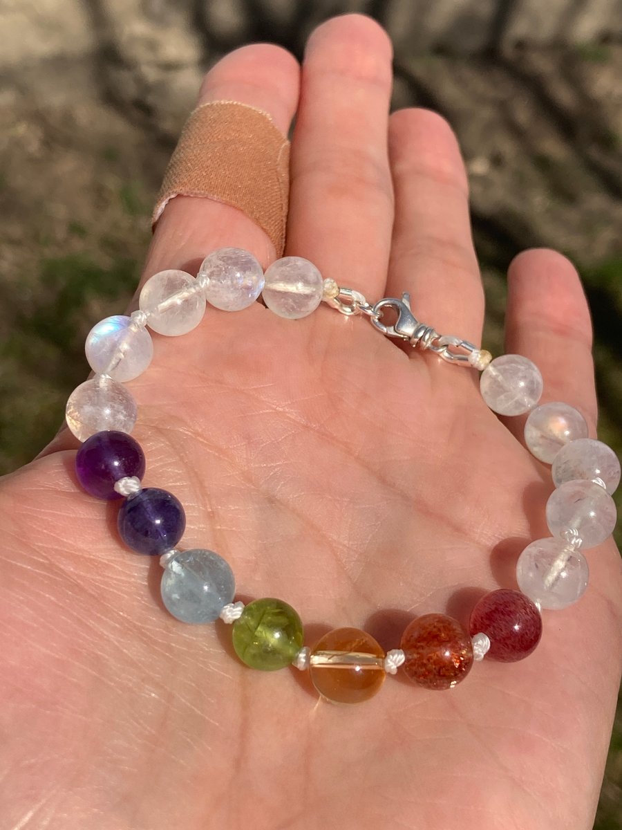 7 Chakra Multicolor Rainbow Custom Size Round Smooth Stretch Silver (8mm) Natural Gemstone Crystal Energy Bead Bracelet x Large 9”