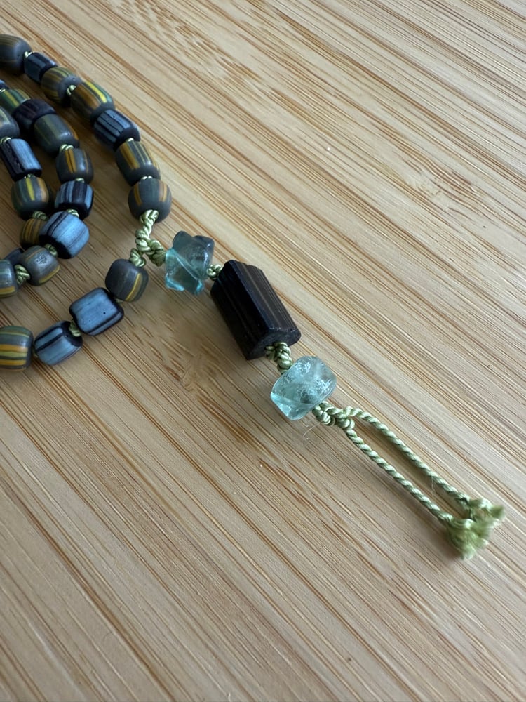 Image of Green-Blue Indonesian Gooseberry Glass Beaded Necklace with Fluorite & Tourmaline Talisman