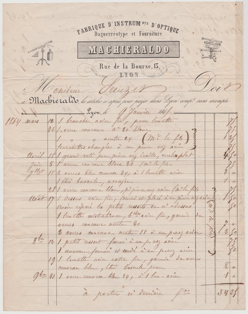 Image of Machieraldo: invoice for optical instruments, Lyon ca. 1865