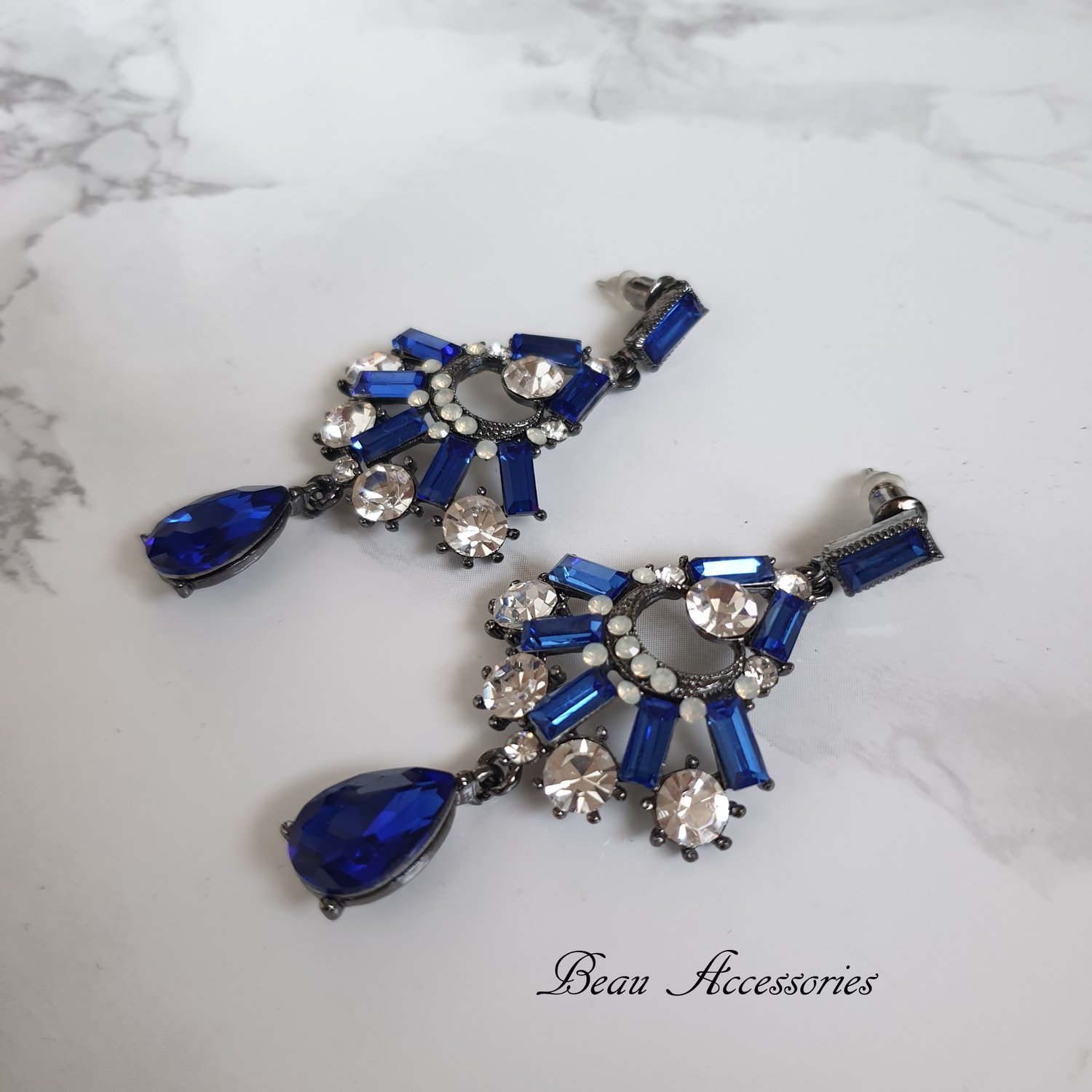 Image of Royal Blue Crystal Droplet Earrings