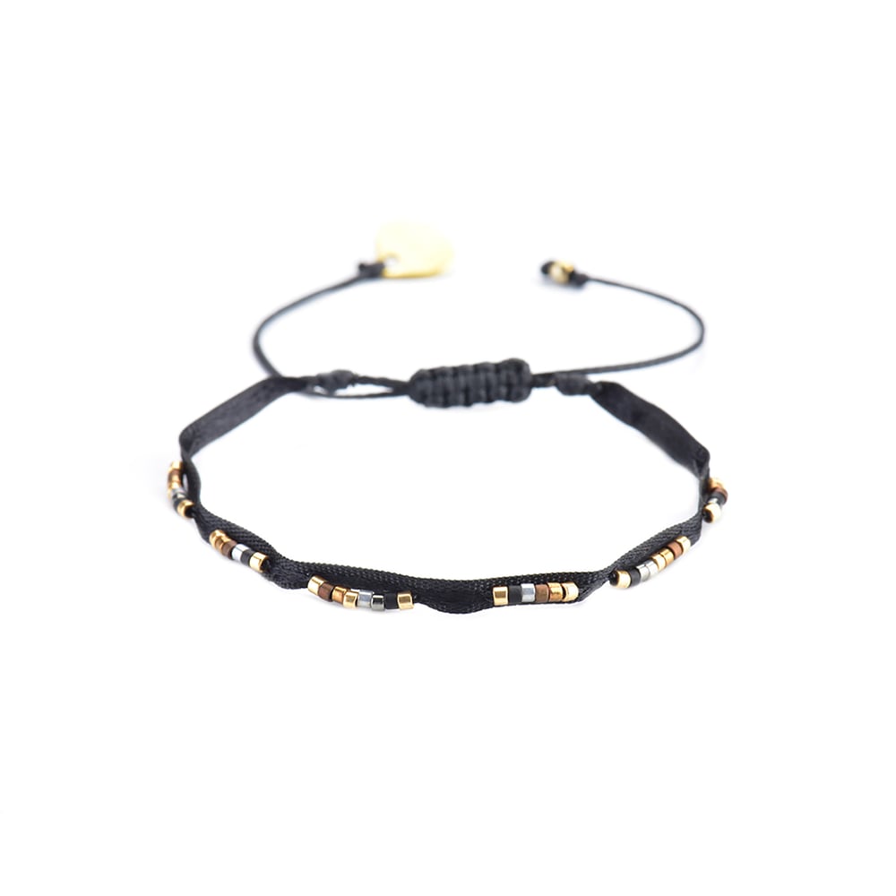 Image of Black Adjustable Bracelet With Ribbon And Beads