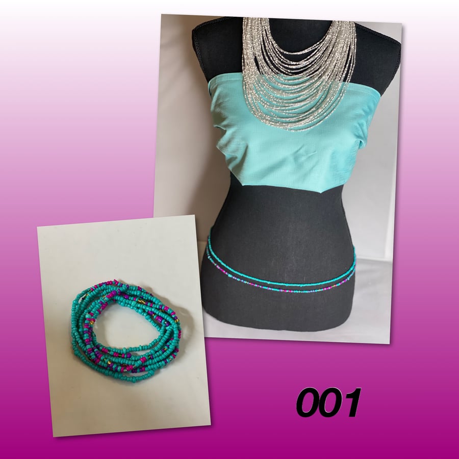 Image of Waist Beads (001) Fuchsia and Turquoise