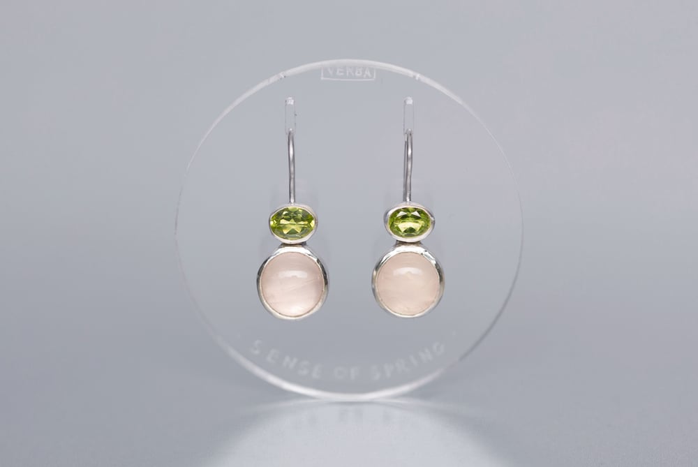 Image of "Sense of spring" silver earrings with rose quartz and chrysolite · SENSUS VERIS ·