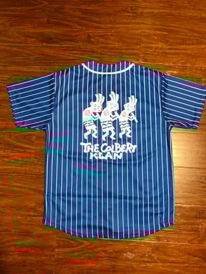 Image of Blue Colbert Klan Baseball Jersey w. White pinned stripes.