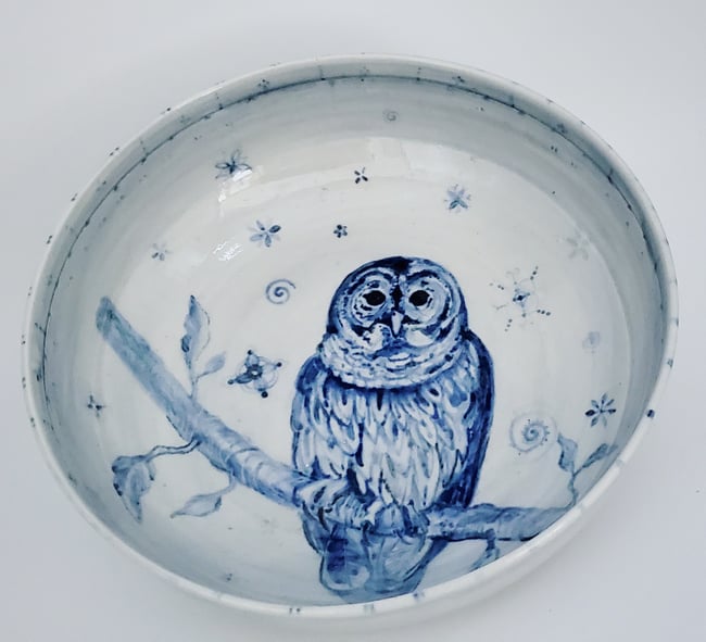 Colbalt Barn Owl Porcelain Bowl