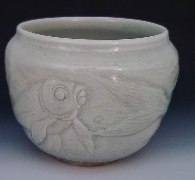 Woodfired Carved Koi Stoneware Vessel