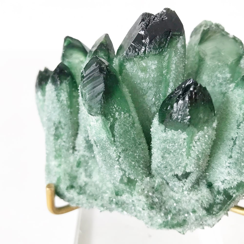 Image of Green Phantom Quartz Crystal Cluster no.04 + Lucite and Brass Stand