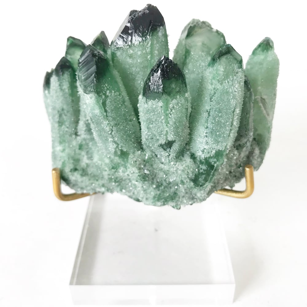 Image of Green Phantom Quartz Crystal Cluster no.04 + Lucite and Brass Stand