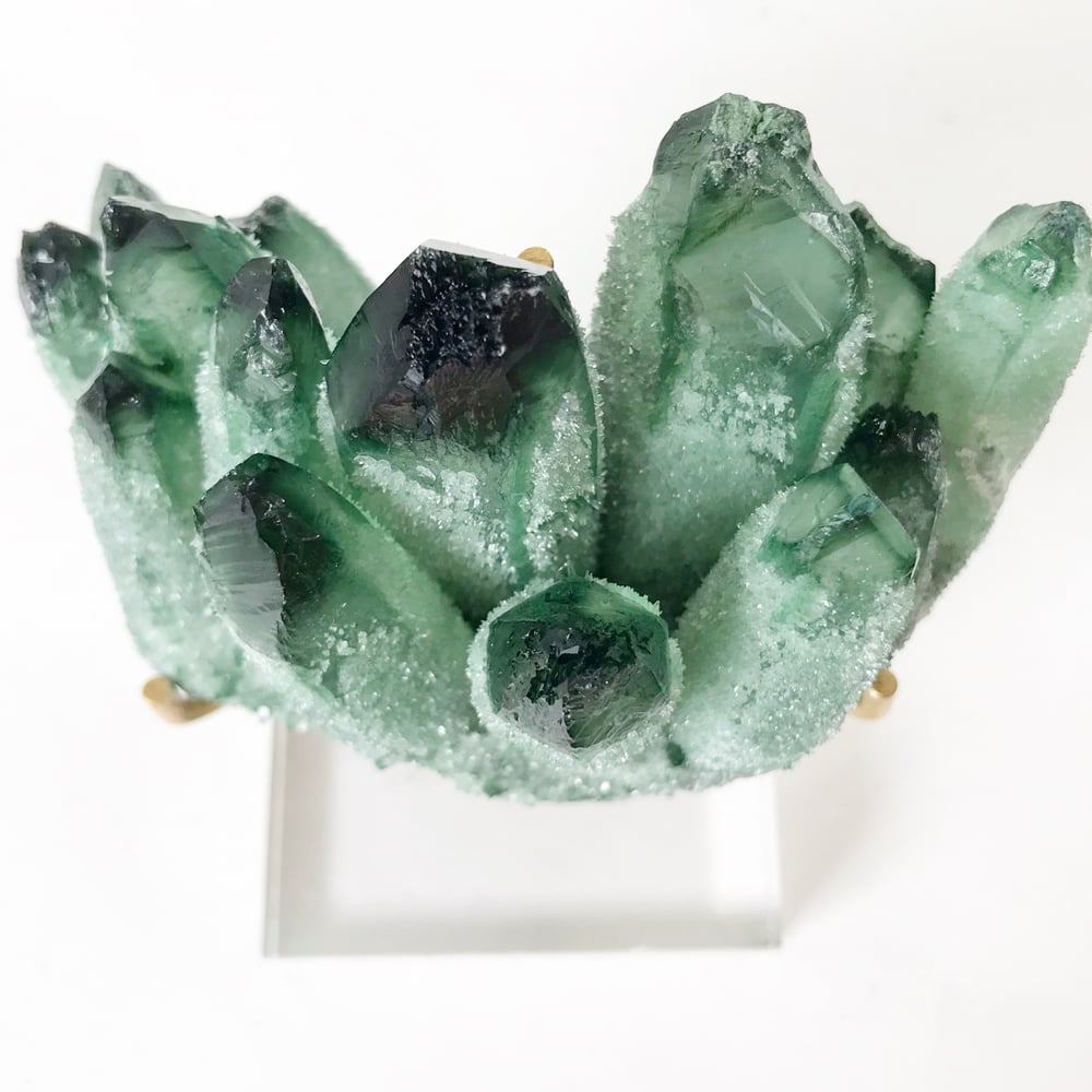 Image of Green Phantom Quartz Crystal Cluster no.04 + Lucite and Brass Stand