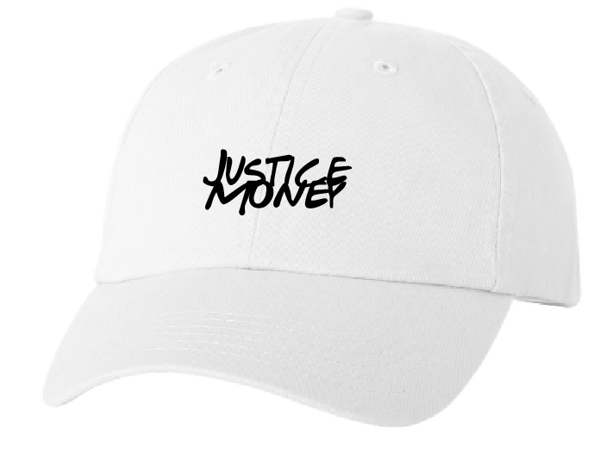 Image of "JUSTICE MONEY" WHITE STRAPBACK HAT