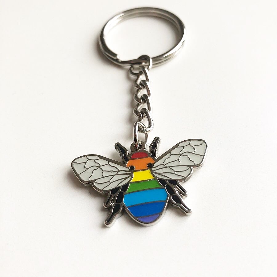 Image of Rainbow Bee Manchester Bee Enamel Keyring