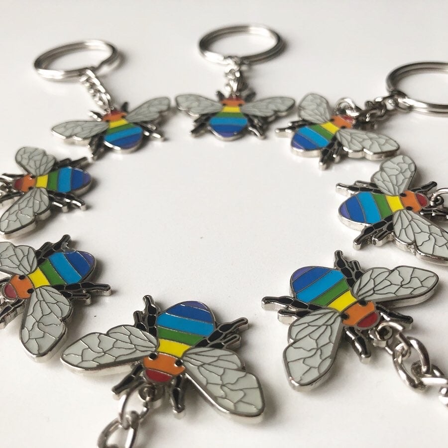 Image of Rainbow Bee Manchester Bee Enamel Keyring