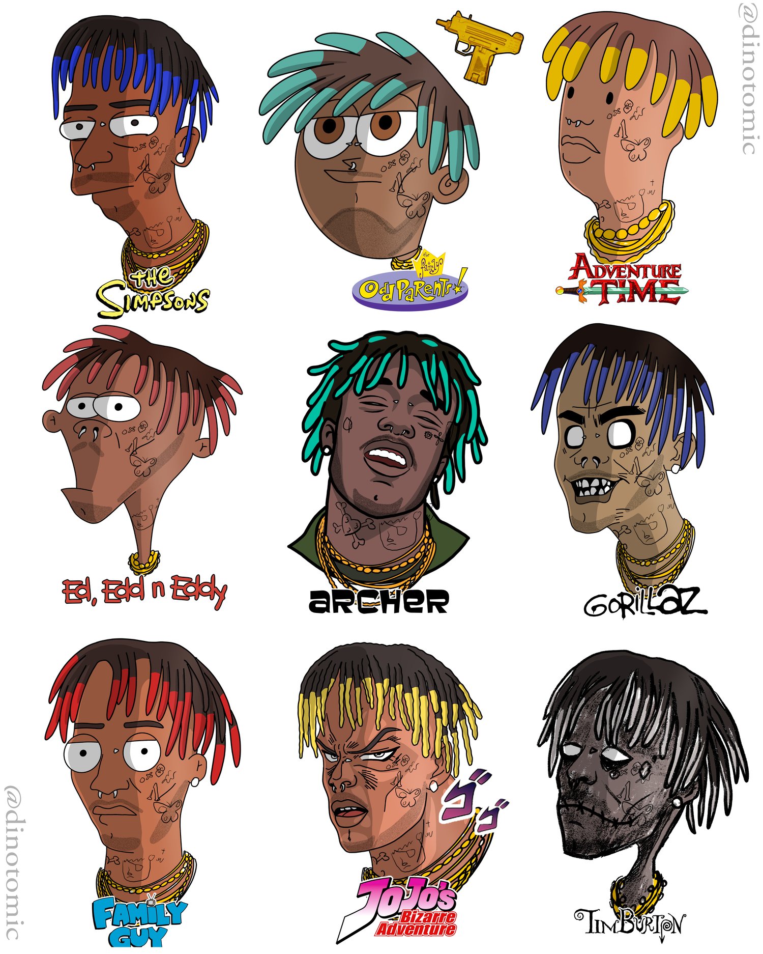 Image of #203 Lil Uzi Vert drawn in 9 different styles 