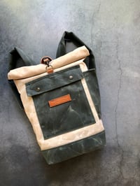 Image 1 of Natural and olive green waterproof waxed canvas backpack medium size with padded shoulder straps 