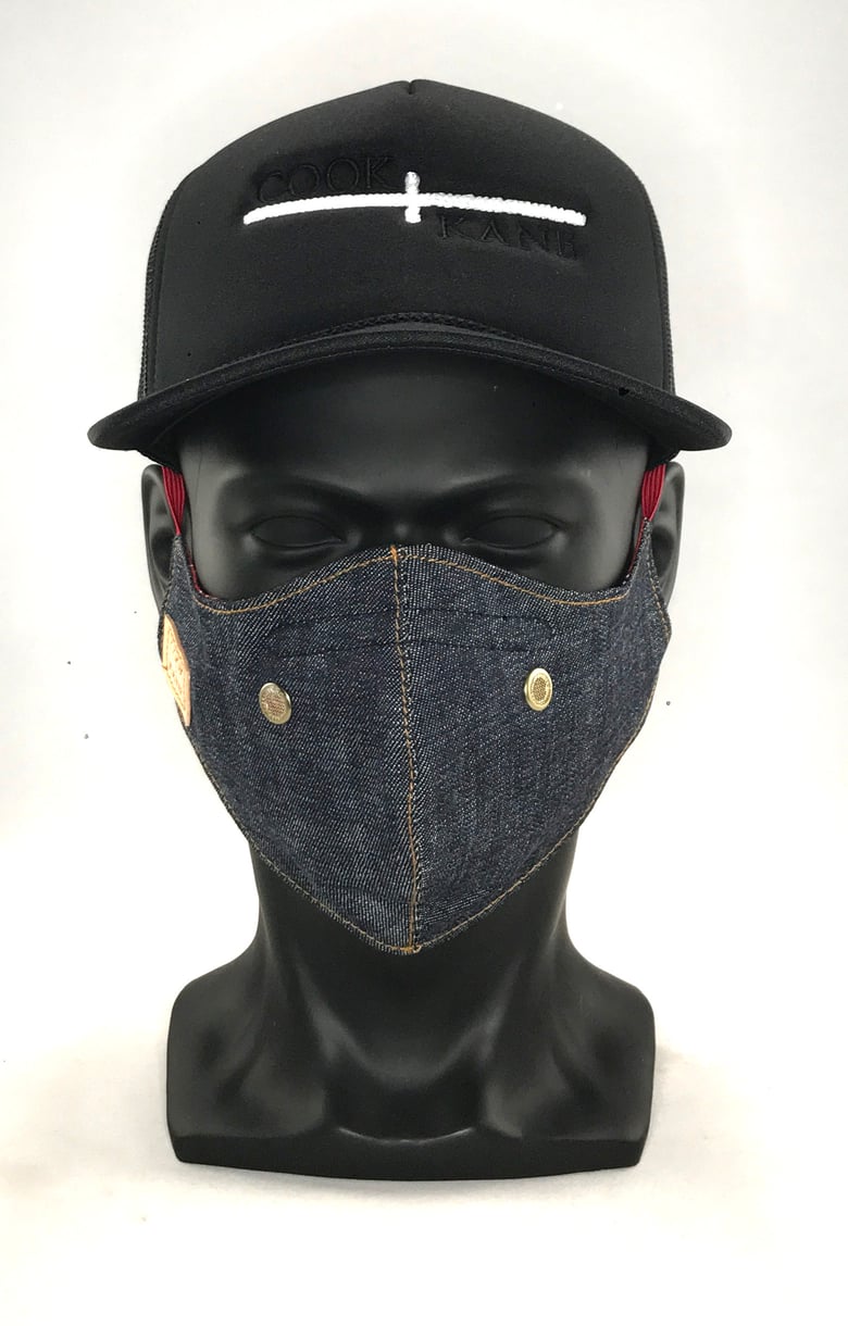 Image of Corona Trucker Cap + Japanese Denim face mask with vents. 