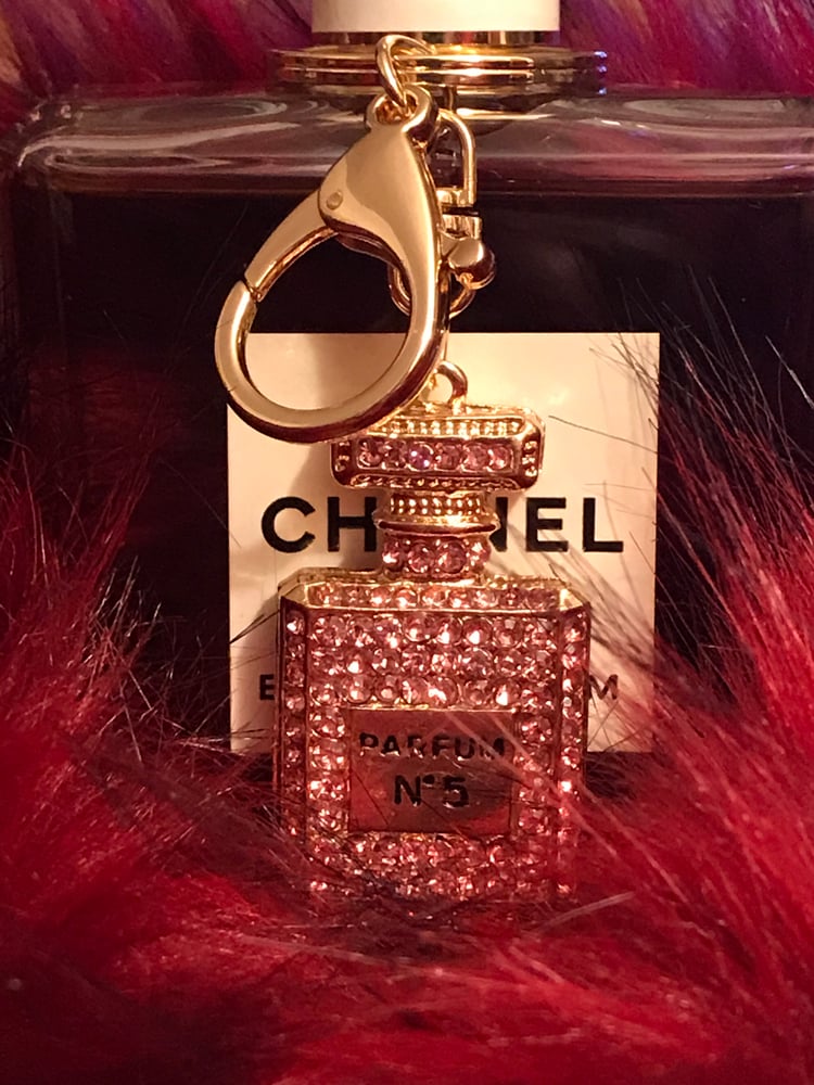 Image of Pink Fashion Designer Inspired Perfume Bottle Keychain with Crystals 
