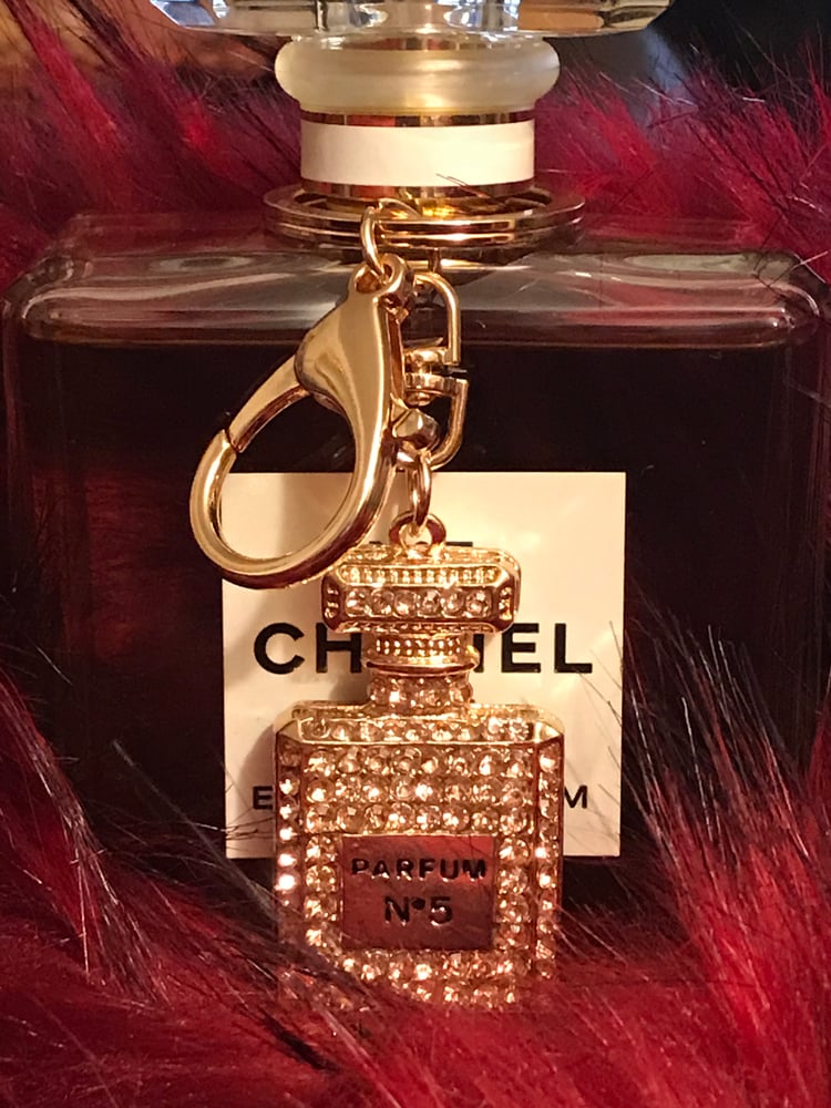 Image of Brown Fashion Designer Inspired Perfume Bottle Keychain with Crystals 